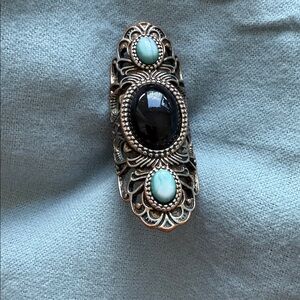 Vintage Style Silver Ring with Black and Turquoise Stones
